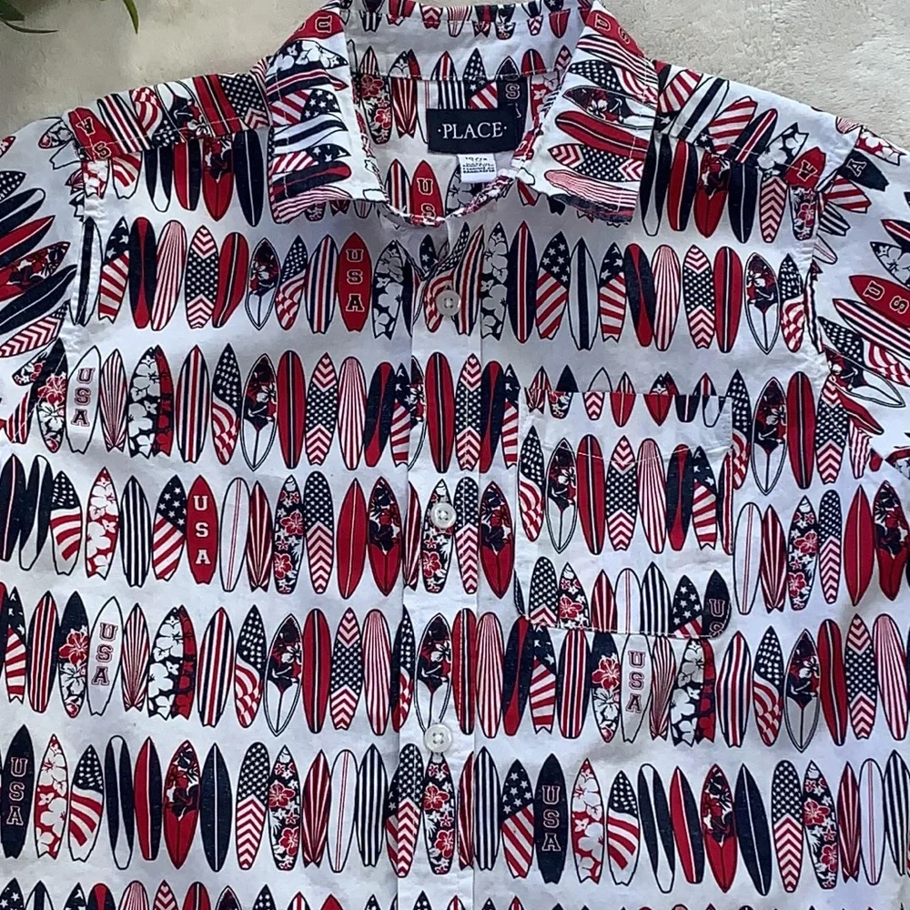 Children’s Place Americana Surf Poplin Button Up Shirt 10/12 USA Surfboards